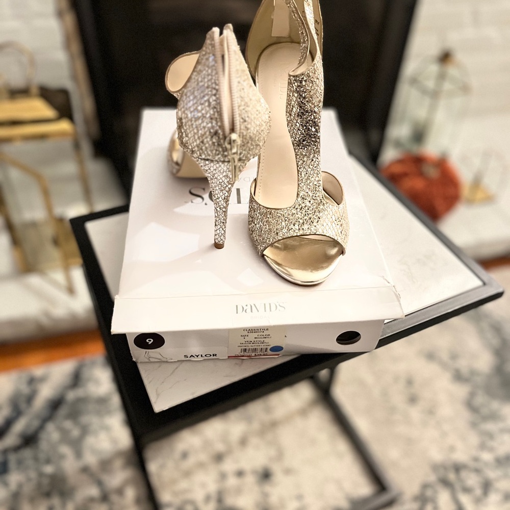David's Bridal Sparkling Gold Heels